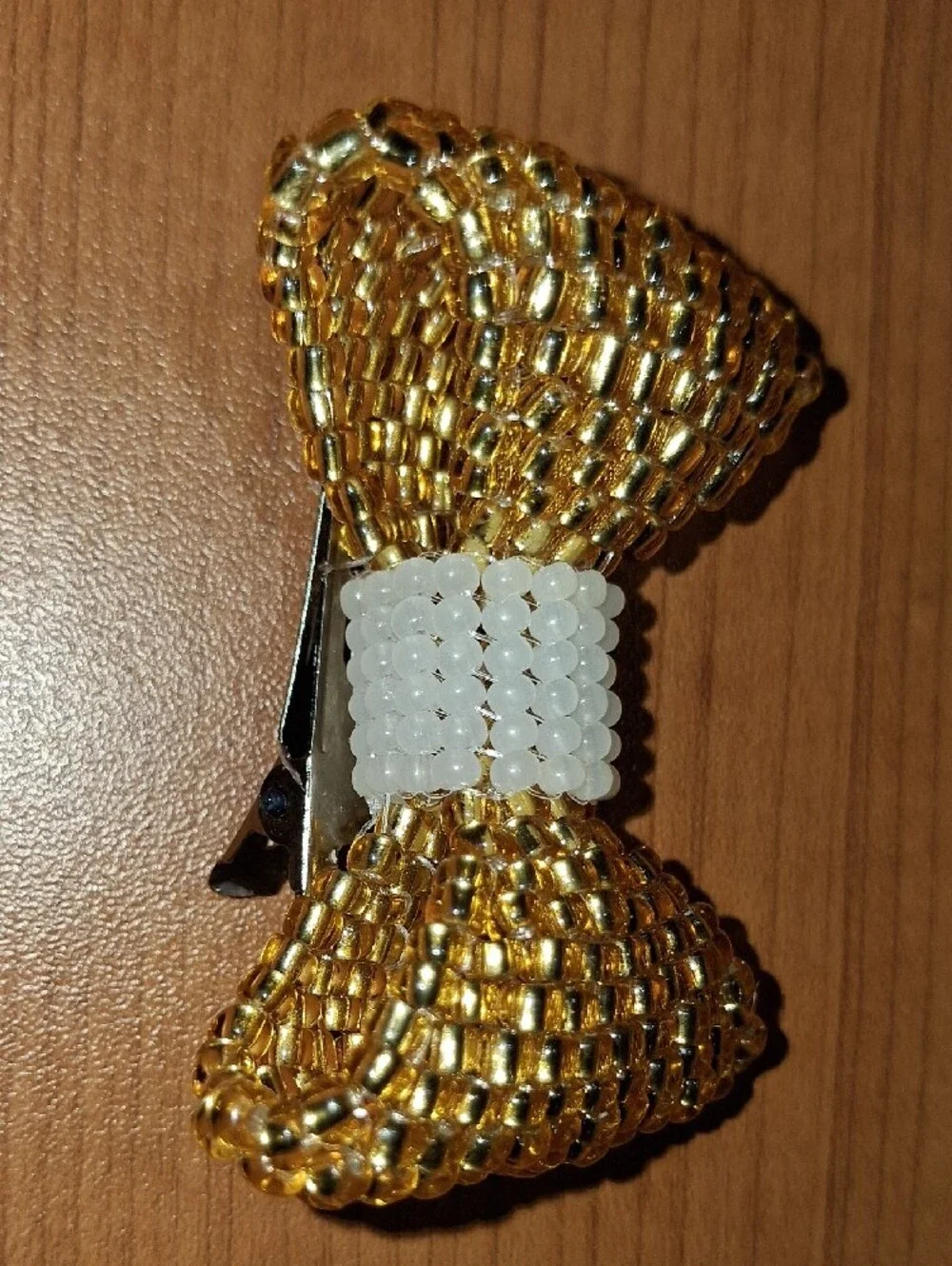Gold and White Beaded Bow Hair Clip